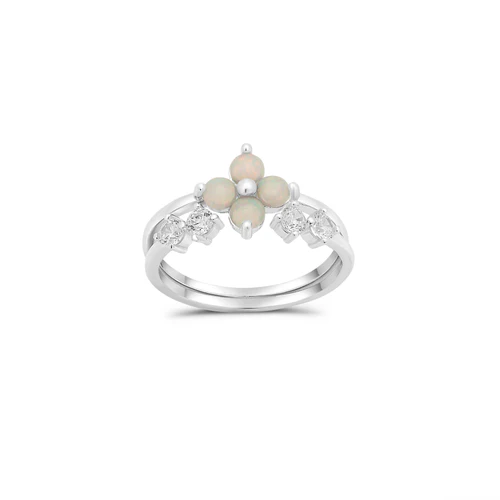 Sterling Silver Rhodium Plated Synthetic Opal Clover And Open Bypass Clear CZ Ring