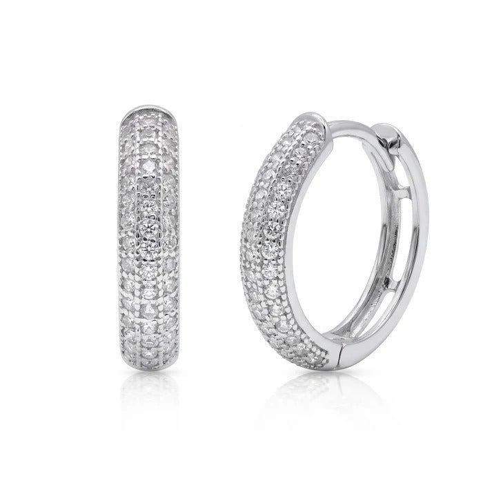 Sterling Silver Rhodium Plated Lab Grown Diamond Multi Row Pave Huggie Hoop Earrings