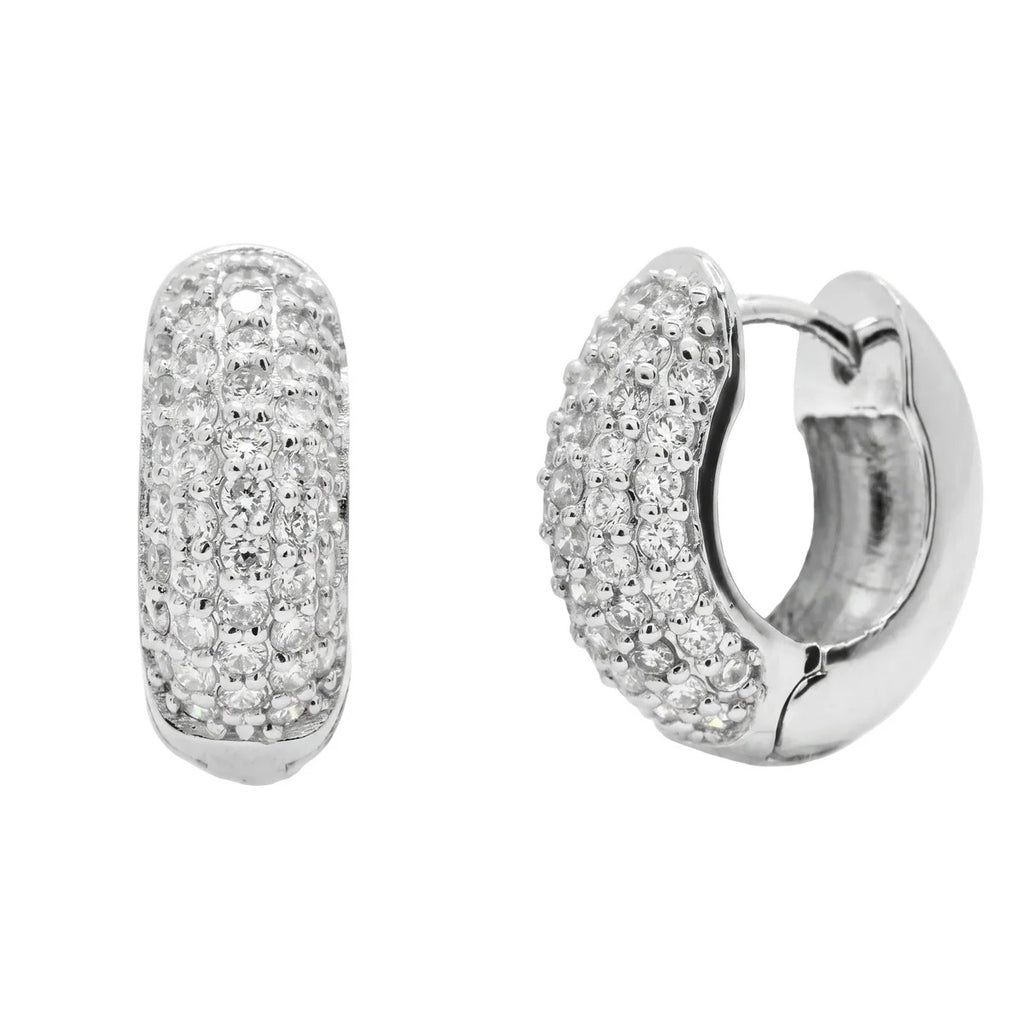 Sterling Silver Rhodium Plated Lab Grown Diamond Iced Out Double Row CZ Huggie Hoop Earrings