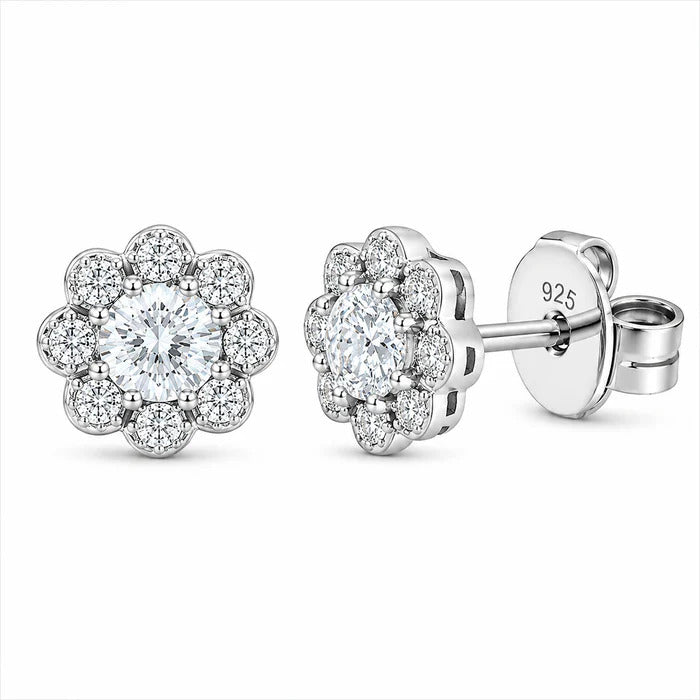 Sterling Silver Rhodium Plated Lab Grown Diamond Flower Cluster Stud Earrings