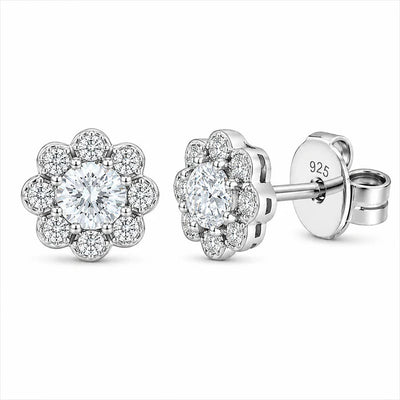 Sterling Silver Rhodium Plated Lab Grown Diamond Flower Cluster Stud Earrings