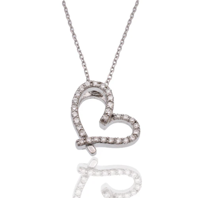 Sterling Silver Rhodium Plated Lab Grown Diamond On Assymetrical Heart Pendant Adjustable Necklace