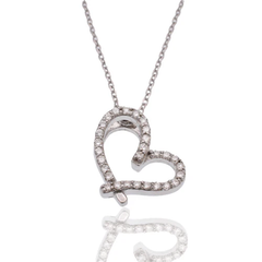 Sterling Silver Rhodium Plated Lab Grown Diamond On Assymetrical Heart Pendant Adjustable Necklace