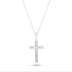 Sterling Silver Rhodium Plated Dainty Lab Grown Diamond Cross Pendant Necklace
