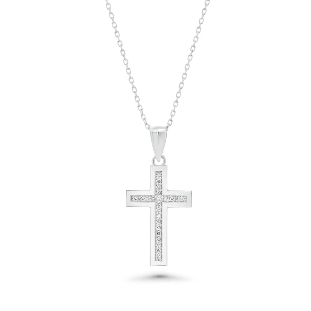 Sterling Silver Rhodium Plated Outlined Lab Grown Diamond Cross Pendant Necklace