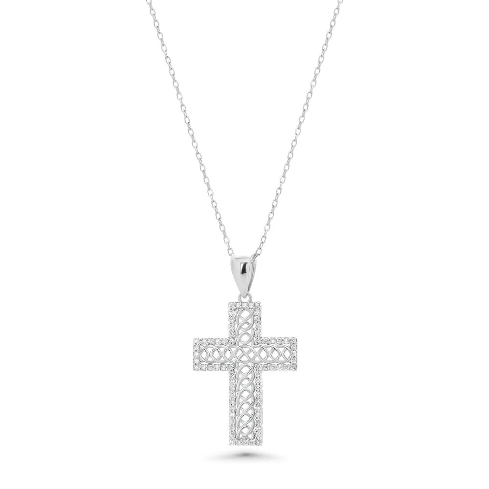 Sterling Silver Rhodium Plated Ornate Lab Grown Diamond Cross Pendant Necklace