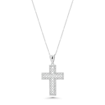 Sterling Silver Rhodium Plated Ornate Lab Grown Diamond Cross Pendant Necklace