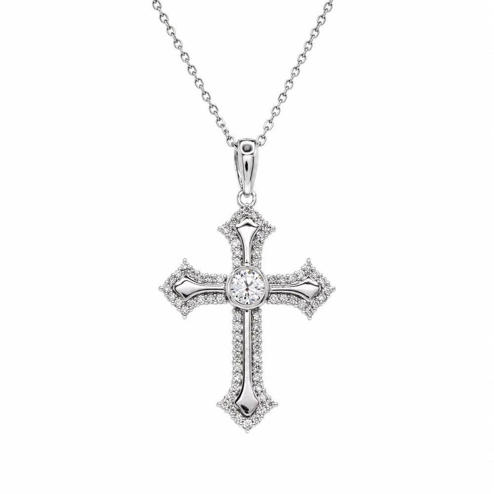 Sterling Silver Rhodium Plated Lab Grown Ornate Cross Pave Filigree Necklace