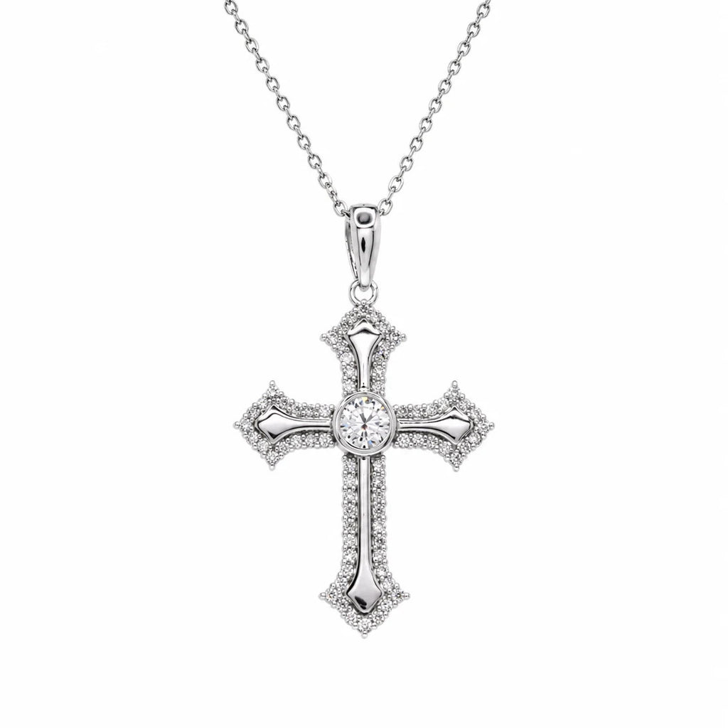 Sterling Silver Rhodium Plated Lab Grown Ornate Cross Pave Filigree Necklace