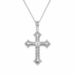Sterling Silver Rhodium Plated Lab Grown Ornate Cross Pave Filigree Necklace