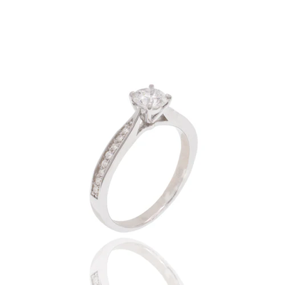 Sterling Silver Rhodium Plated 5mm Round Lab Grown Diamond Pave Side Stones On Solitaire Engagement Ring