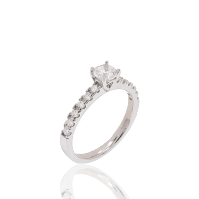 Sterling Silver Rhodium Plated Round Lab Grown Diamond Pave Side Stones On Solitaire Engagement Ring