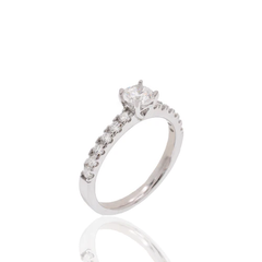 Sterling Silver Rhodium Plated Round Lab Grown Diamond Pave Side Stones On Solitaire Engagement Ring