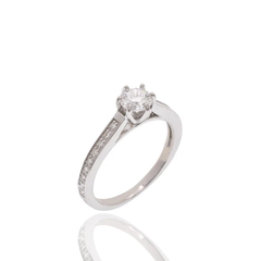 Sterling Silver Rhodium Plated 5mm Round Lab Grown Diamond Pave Side Stones On Cathedral Style Engagement Ring