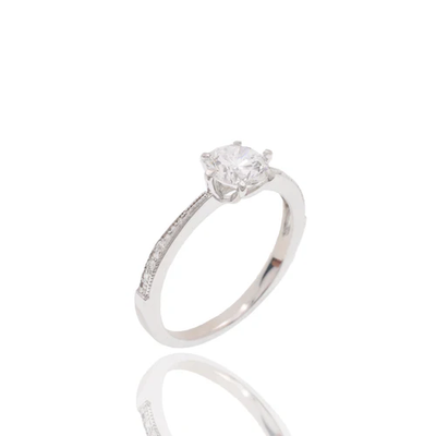 Sterling Silver Rhodium Plated Round Lab Grown Diamond Pave Side Stones On Cathedral Style Engagement Ring