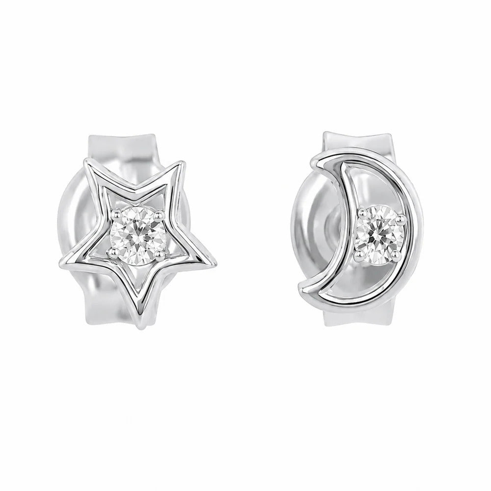 Sterling Silver Rhodium Plated Lab Grown Diamonds Star And Moon Stud Earrings