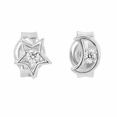Sterling Silver Rhodium Plated Lab Grown Diamonds Star And Moon Stud Earrings