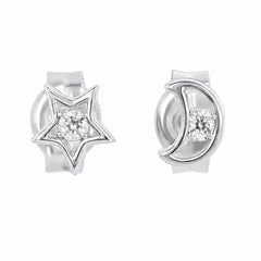 Sterling Silver Rhodium Plated Lab Grown Diamonds Star And Moon Stud Earrings