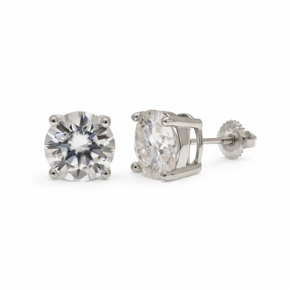 Sterling Silver Rhodium Plated Round Moissanite Screw Back Earrings