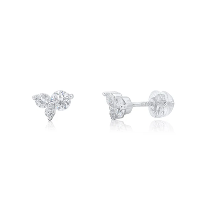 Sterling Silver Rhodium Plated Triple Stone Cluster Moissanite Studded Stud Earring