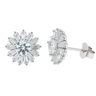 Sterling Silver Rhodium Plated Moissanite Radiant Burst Stud Earring