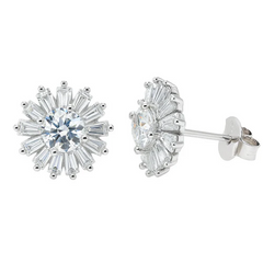 Sterling Silver Rhodium Plated Moissanite Radiant Burst Stud Earring