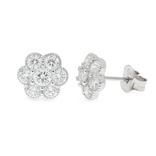 Load image into Gallery viewer, Sterling Silver Rhodium Plated Moissanite Cluster Flower Stud Earring