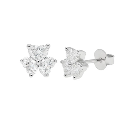 Sterling Silver Rhodium Plated Moissanite Three Stone Flower Stud Earring