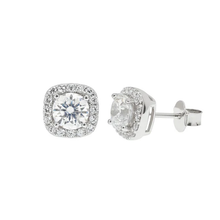 Load image into Gallery viewer, Sterling Silver Rhodium Plated Moissanite Cushion Halo Stud Earring
