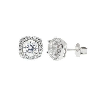 Sterling Silver Rhodium Plated Moissanite Cushion Halo Stud Earring