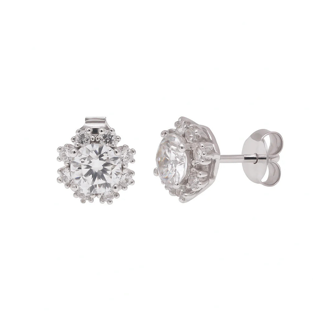 Sterling Silver Rhodium Plated Moissanite Sparkling Halo Stud Earring