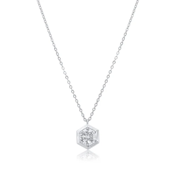 Sterling Silver Rhodium Plated Round Moissanite Hexagon Frame Adjustable Pendant Necklace
