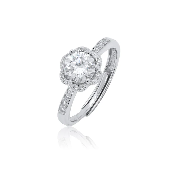 Sterling Silver Rhodium Plated Floral Halo Moissanite Engagement Ring