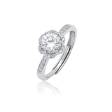 Sterling Silver Rhodium Plated Floral Halo Moissanite Engagement Ring
