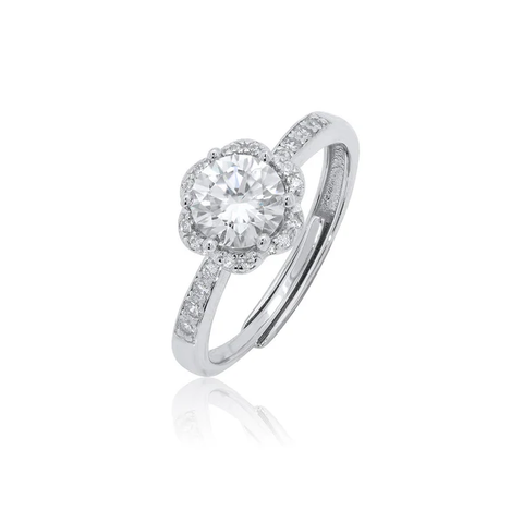 Sterling Silver Rhodium Plated Floral Halo Moissanite Engagement Ring