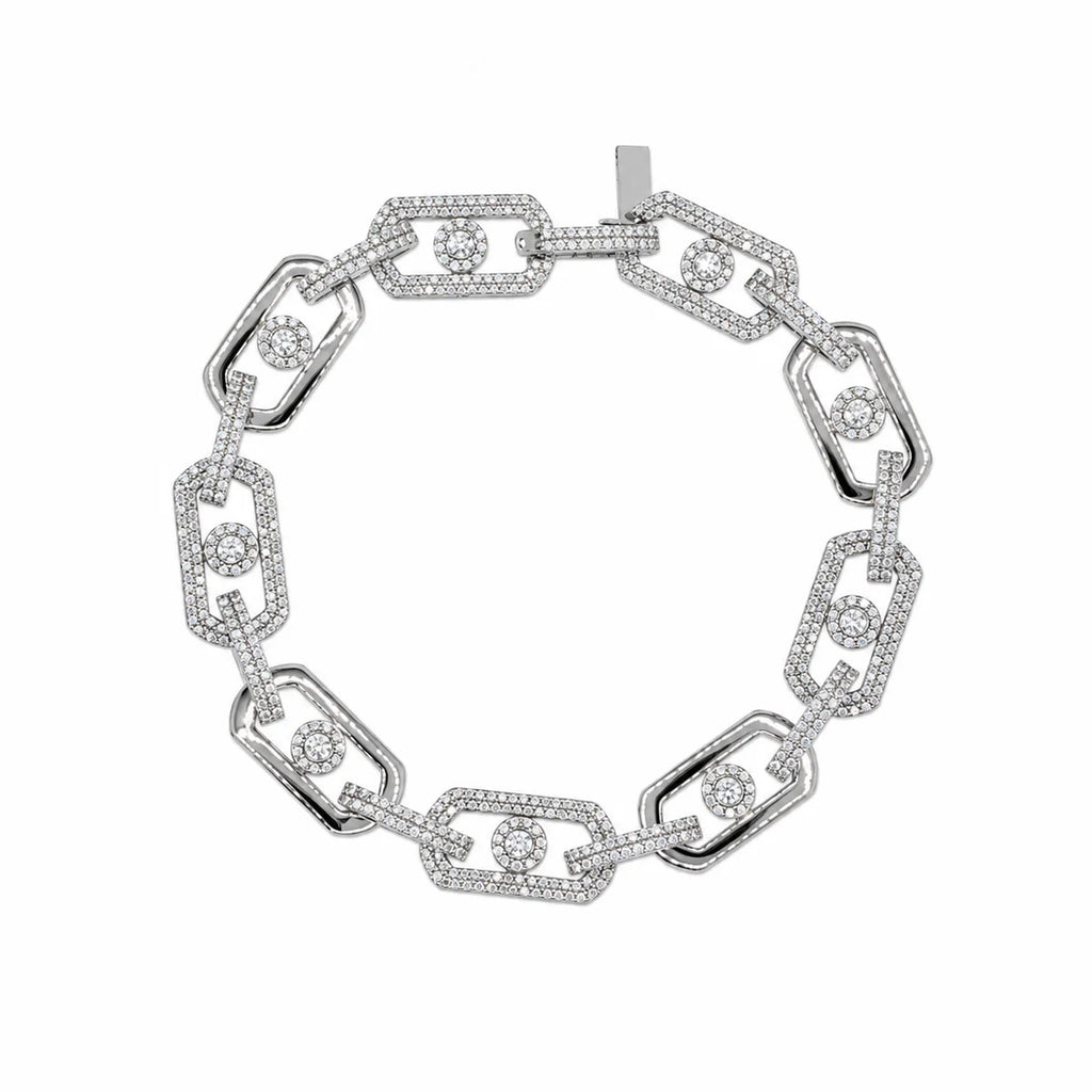 Sterling Silver Rhodium Plated Moissanite Geometric Alternating Link Pave Necklace