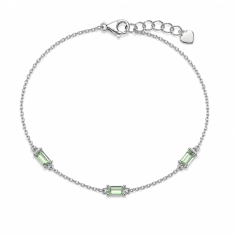 Sterling Silver Rhodium Plated Green Moissanite Dainty Baguette Charm Adjustable Bracelet