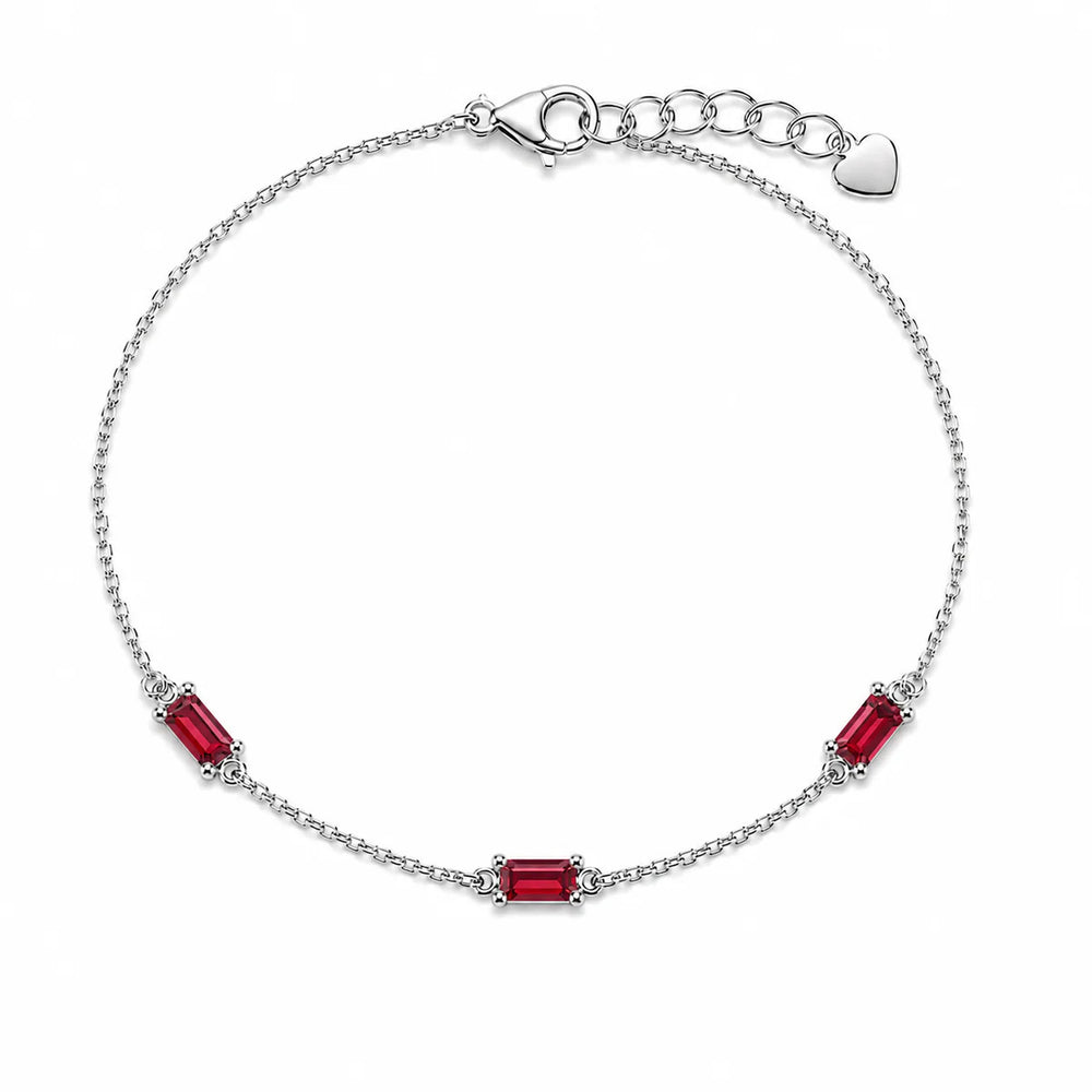 Sterling Silver Rhodium Plated Red Moissanite Dainty Baguette Charm Adjustable Bracelet
