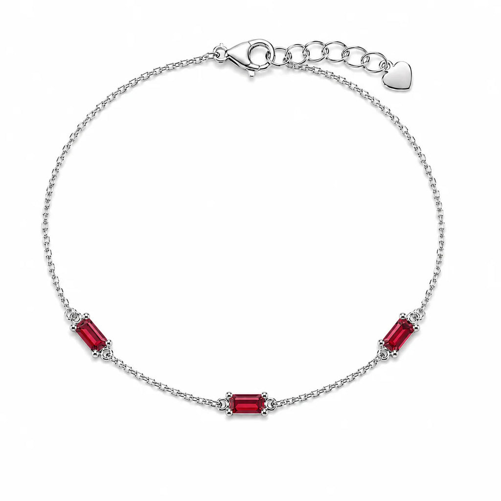 Sterling Silver Rhodium Plated Red Moissanite Dainty Baguette Charm Adjustable Bracelet