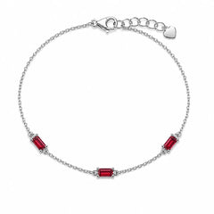 Sterling Silver Rhodium Plated Red Moissanite Dainty Baguette Charm Adjustable Bracelet