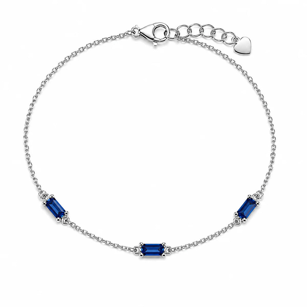 Sterling Silver Rhodium Plated Sapphire Moissanite Dainty Baguette Charm Adjustable Bracelet