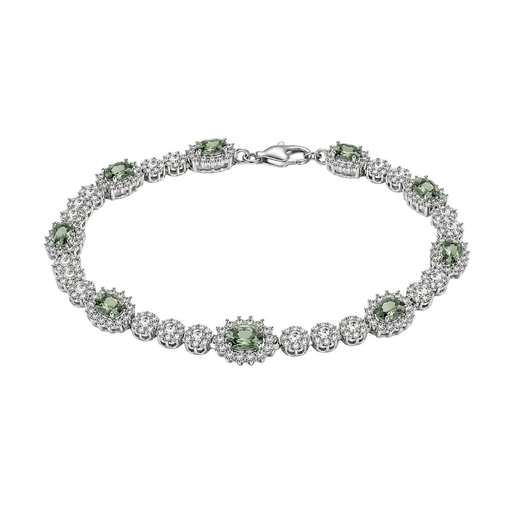 Sterling Silver Rhodium Plated Green Moissanite Halo Tennis Bracelet