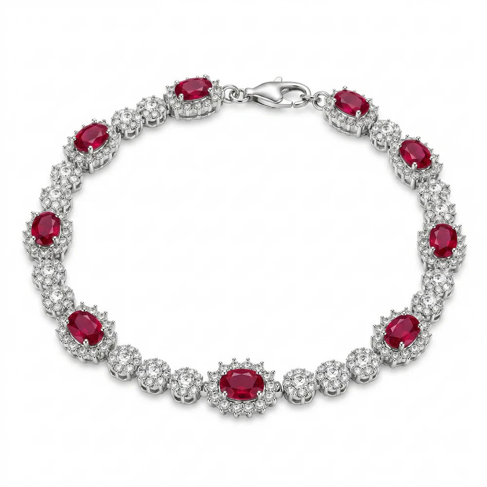 Sterling Silver Rhodium Plated Red Moissanite Halo Tennis Bracelet