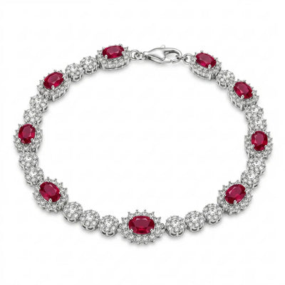 Sterling Silver Rhodium Plated Red Moissanite Halo Tennis Bracelet