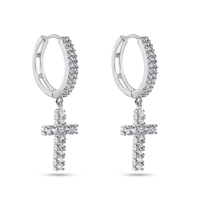 Sterling Silver Rhodium Plated Moissanite Cross Hoop Earring