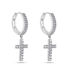 Sterling Silver Rhodium Plated Moissanite Cross Hoop Earring