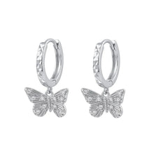 Load image into Gallery viewer, Sterling Silver Rhodium Plated Moissanite Diamond Cut Butterfly Hoop Earrings