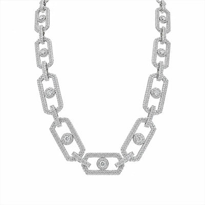 Sterling Silver Rhodium Plated Moissanite Geometric Link Pave Necklace
