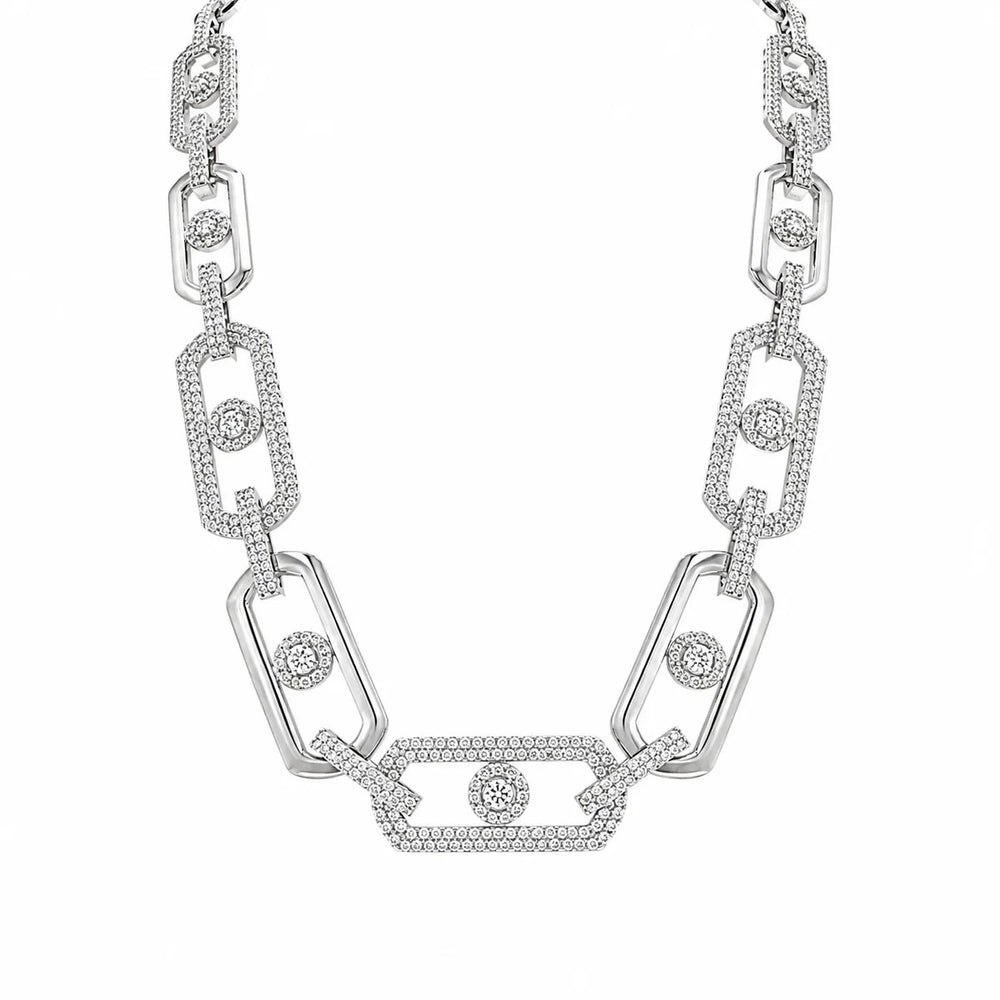 Sterling Silver Rhodium Plated Moissanite 13mm Geometric Alternating Link Pave Necklace
