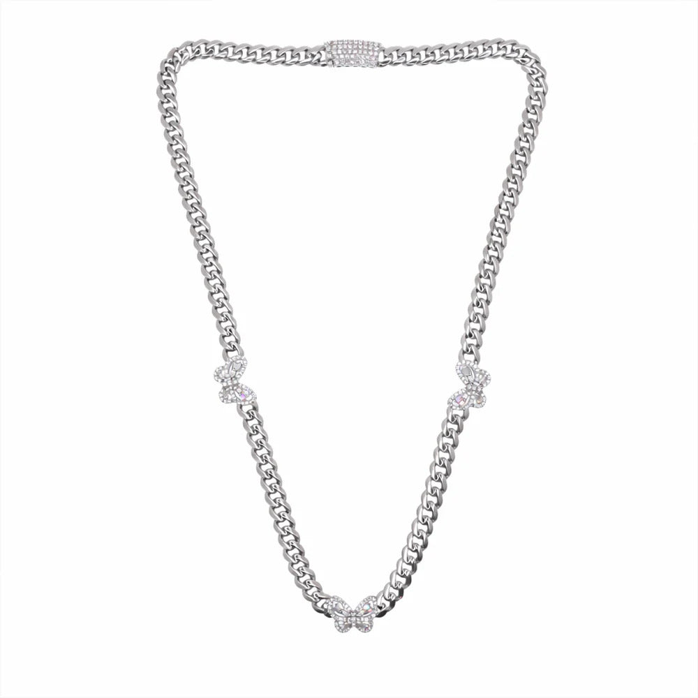 Sterling Silver Rhodium Plated Moissanite Multi Butterfly Cuban Link Necklace